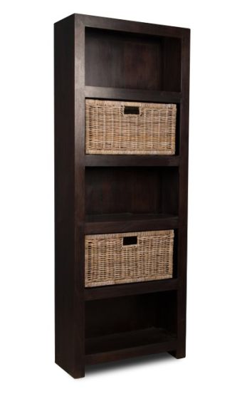 Mango Wood Bookcase with Rattan Wicker Baskets