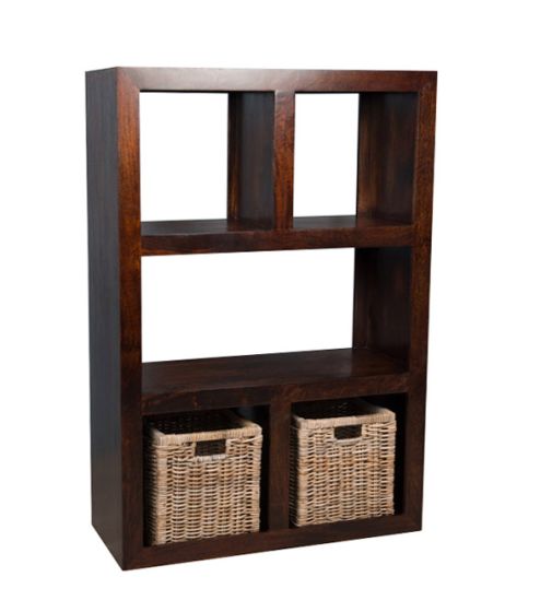 Mango Wood Open Bookcase and Rattan Baskets