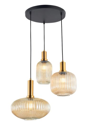 Brass and Glass Triple drop Multi colour shade Ceiling Pendant