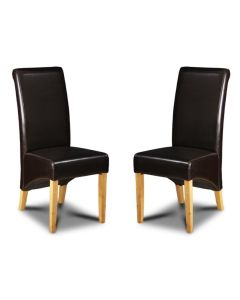 Set of 2 Brown Leather Rollback Dining Chairs
