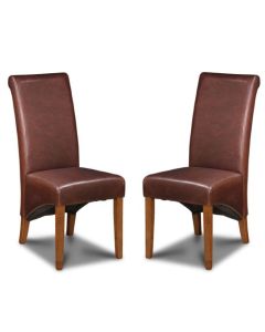 Set of 2 Antique Brown Leather Dining Chairs
