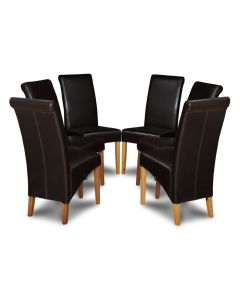 Set of 6 Brown Leather Rollback Dining Chairs