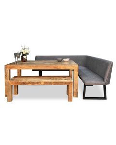 Light Dakota 160cm Dining Table & Grey Fabric Banquette & Medium Bench