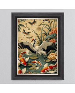 Oriental Framed Art - Crane & Koi - In Stock