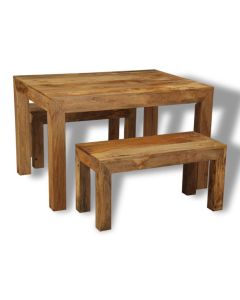 Light Mango Wood 120cm Cube Dining Table & 2 Light Mango Wood Benches