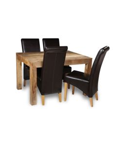 Light Mango Wood 120cm Dining Table & 4 Leather Rollback Chairs