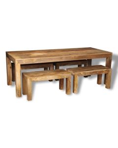 Light Mango Wood 220cm Dining Table & 4 Mango Wood Benches
