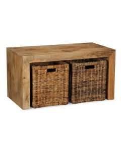 Light Mango Wood Small Open Coffee Table with Rattan Baskets