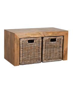 Light Small Open Mango Wood Coffee Table and Rattan Baskets
