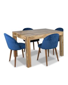 Light Mango Wood 120cm Dining Table & 4 Zena Velvet Chairs (2 Colours) - In Stock