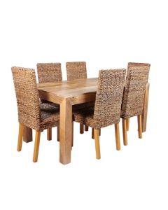 Light Mango Wood 160cm Dining Set & 6 Rattan Chairs