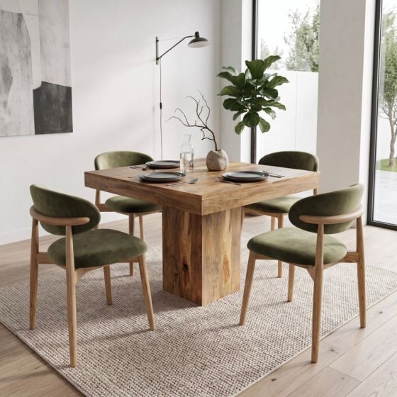 Light Mango Wood 90cm Cube Dining Table & 4 Scandi Chairs (5 Colours)