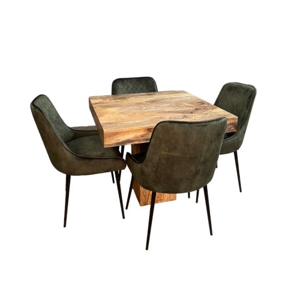 Light Mango Wood 90cm Cube Dining Table & 4 Henley Velvet Dining Chairs