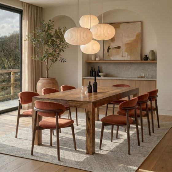 Light Dakota 220cm Mango Wood Dining Table & 8 Scandi Rust-Orange Velvet Oak Dining Chair - Due Late May