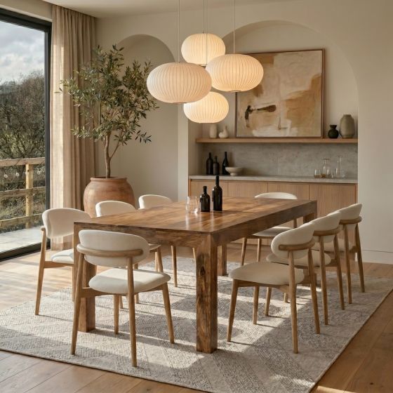 Light Dakota 220cm Mango Wood Dining Table & 8 Scandi Cream Boucle Oak Dining Chair - Due Late May