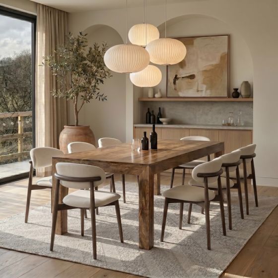 Light Dakota 220cm Mango Wood Dining Table & 8 Scandi Cream Boucle Oak Dining Chair - Due Late May