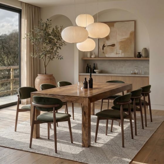 Light Dakota 220cm Mango Wood Dining Table & 8 Scandi Green Velvet Oak Dining Chair - Due Late May