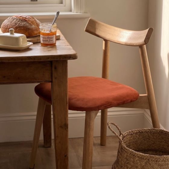 Japandi Rust Orange Velvet Oak Dining Chair - In Stock
