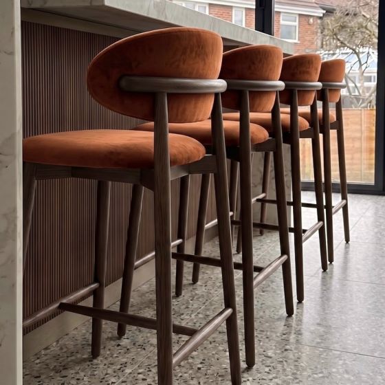 Scandi Rust-Orange Velvet Oak Bar Stool - Dark Leg - Due Late June 