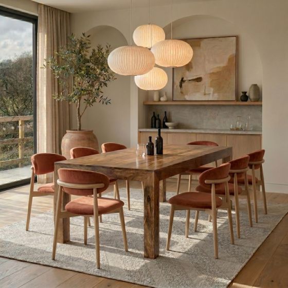 Light Dakota 220cm Mango Wood Dining Table & 8 Scandi Rust-Orange Velvet Oak Dining Chair - Due Late May