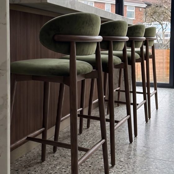 Scandi Green Velvet Oak Bar Stool - Dark Leg - In Stock 