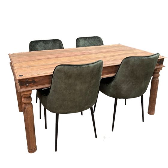 Jali Natural 160cm Dining Table & 4 Henley Velvet Dining Chairs