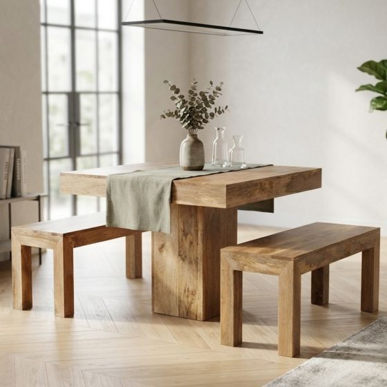 Light Mango Wood 90cm Cube Dining Table & 2 90cm Benches - In Stock