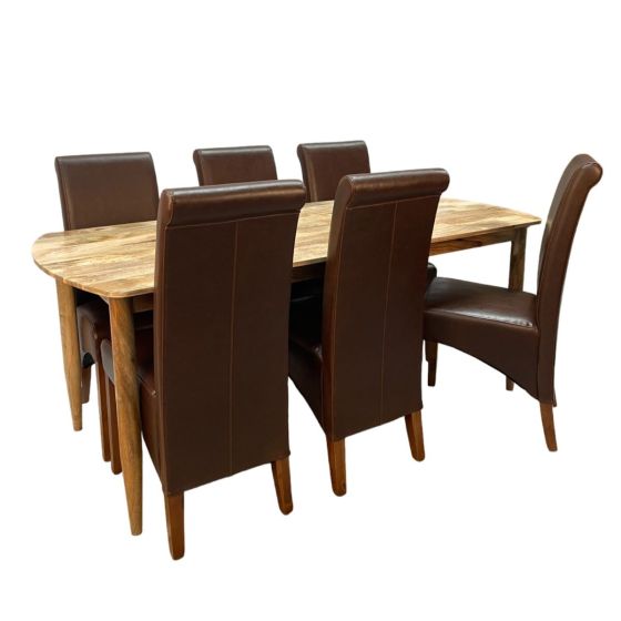 Scandi Mango 190cm Dining Table & 6 Leather Rollback Chairs