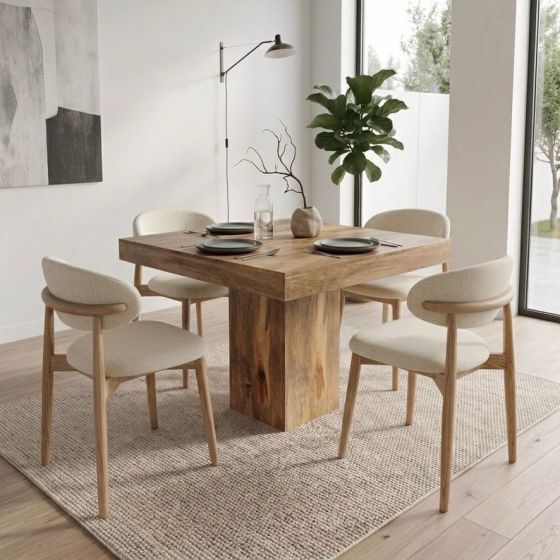 Light Mango Wood 120cm Cube Dining Table & 4 Scandi Chairs (3 Colours)