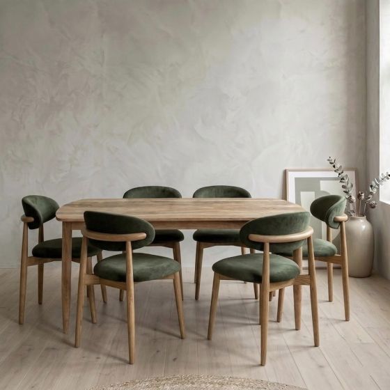 Scandi Mango 130cm Dining Table & 6 Scandi Rust-Orange Velvet Oak Dining Chair