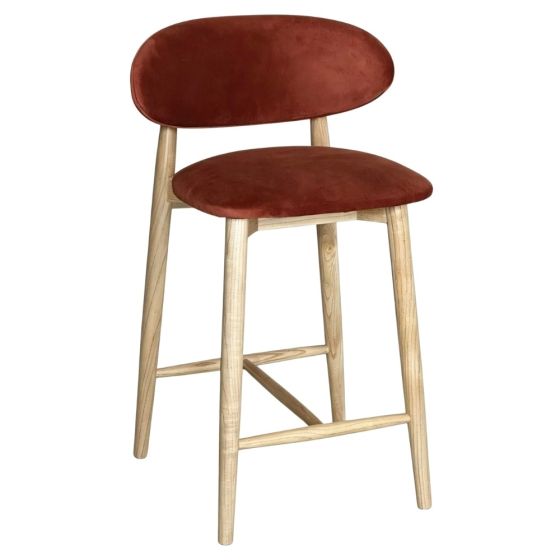 Scandi Rust-Orange Velvet Oak Bar Stool - Light Leg - Due 31st September