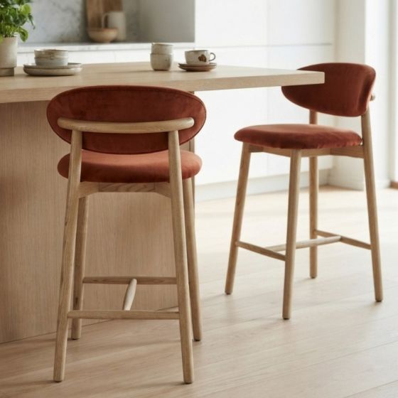 Scandi Rust-Orange Velvet Oak Bar Stool - Light Leg - Due 16th October