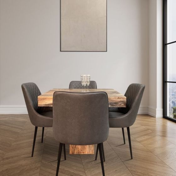 Light Mango Wood 90cm Cube Dining Table & 4 Faux Leather Dining Chairs