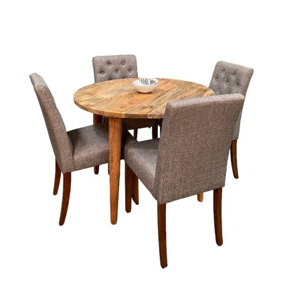 Light Vintage Mango 100cm Round Dining Table & 4 Milan Button Dining Chairs