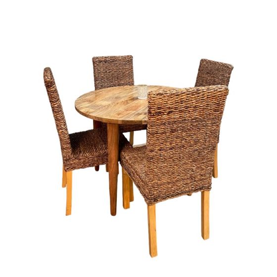 Light Vintage Mango 100cm Round Dining Chair and 4 Rattan Dining Chairs