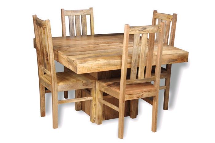 Light Mango Wood 120cm Cube Dining Table & 4 Mango Wood Chairs