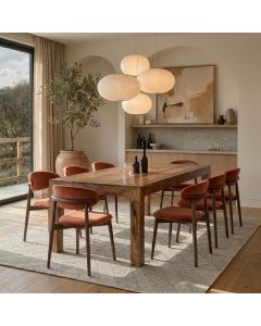 Light Dakota 220cm Mango Wood Dining Table & 8 Scandi Rust-Orange Velvet Oak Dining Chair - Due Late May