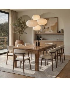 Light Dakota 220cm Mango Wood Dining Table & 8 Scandi Cream Boucle Oak Dining Chair - Due Late May