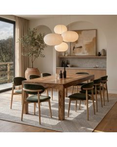 Light Dakota 220cm Mango Wood Dining Table & 8 Scandi Green Velvet Oak Dining Chair - Due Late May