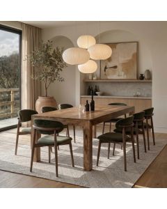 Light Dakota 220cm Mango Wood Dining Table & 8 Scandi Green Velvet Oak Dining Chair - Due Late May