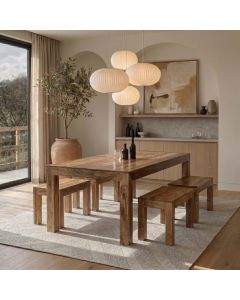 Light Mango Wood 220cm Dining Table & 4 90cm Benches - In Stock 