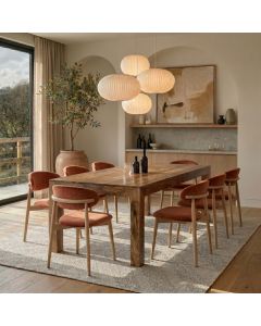 Light Dakota 220cm Mango Wood Dining Table & 8 Scandi Rust-Orange Velvet Oak Dining Chair - Due Late May