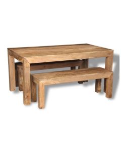Light Mango Wood 160cm Dining Table & 2 Small Mango Benches