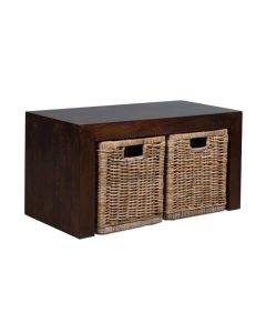 Small Open Mango Wood Coffee Table with Rattan Wicker Baskets - In Stock