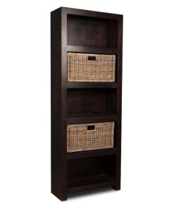 Mango Wood Bookcase with Rattan Wicker Baskets 