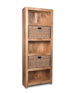 Light Mango Wood Bookcase with Rattan Wicker Baskets