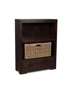 Mango Wood Small Bookcase with Rattan Wicker Basket