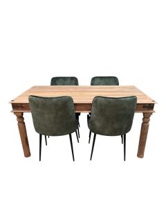 Jali Natural 160cm Dining Table & 4 Henley Velvet Dining Chairs