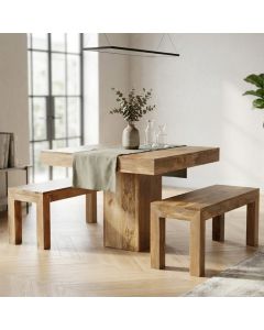 Light Mango Wood 90cm Cube Dining Table & 2 90cm Benches - In Stock 