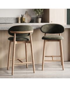 Scandi Green Velvet Oak Bar Stool - Light Leg - In Stock